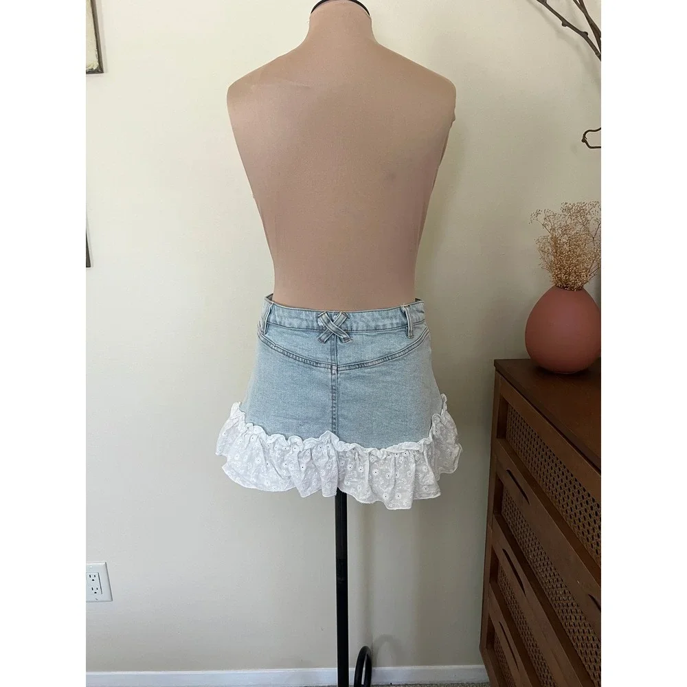 Vintage Y2K‎ Sweet Society Eyelet Ruffle Denim Mini Skirt